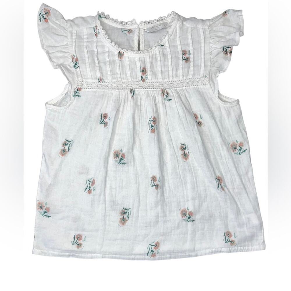 Lucky Brand White Floral Mix Ruffle Cap Sleeve Top Small Boho Dainty Feminine